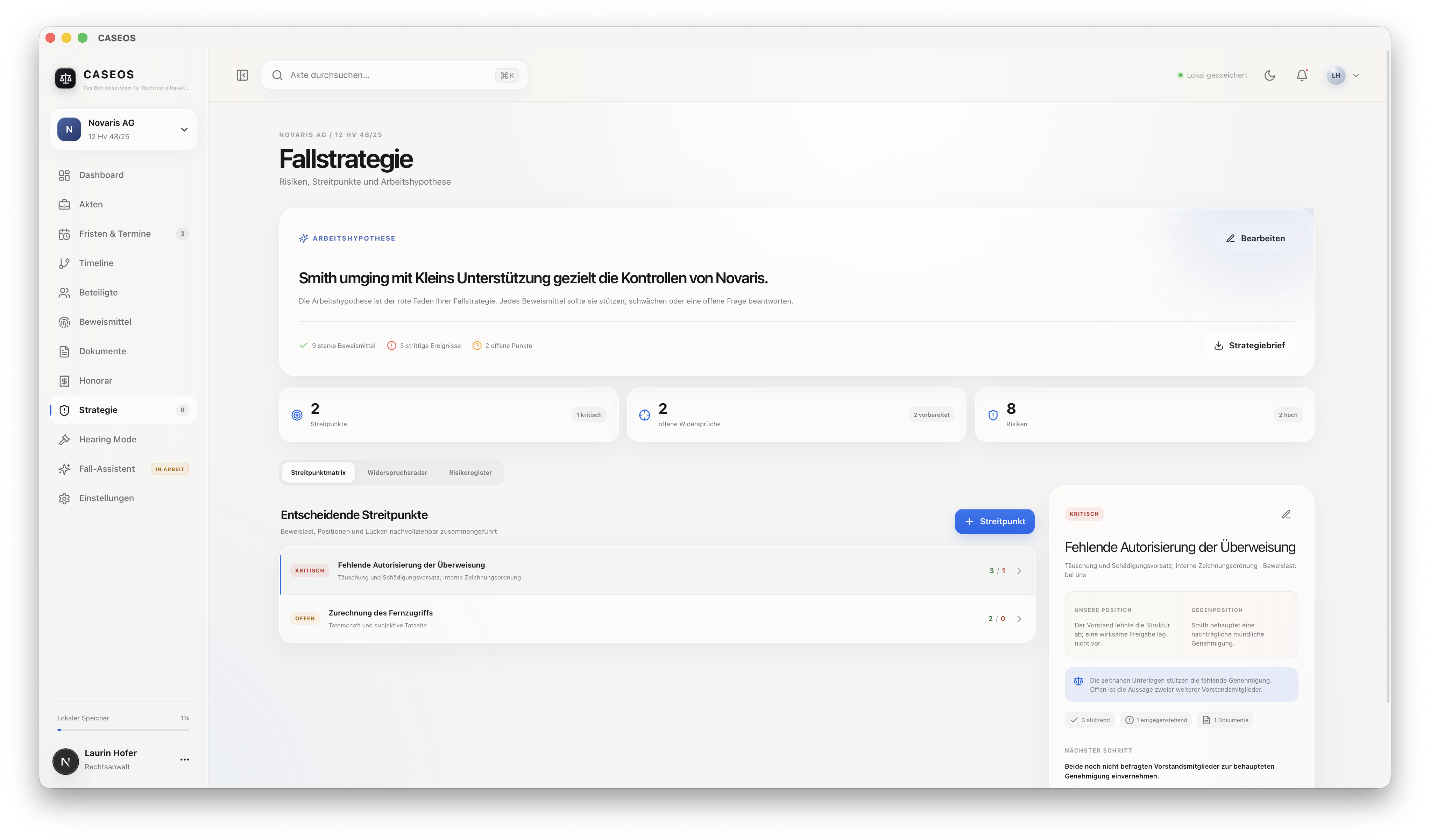CASEOS Fallstrategie mit Arbeitshypothese, Risiken und Streitpunkten